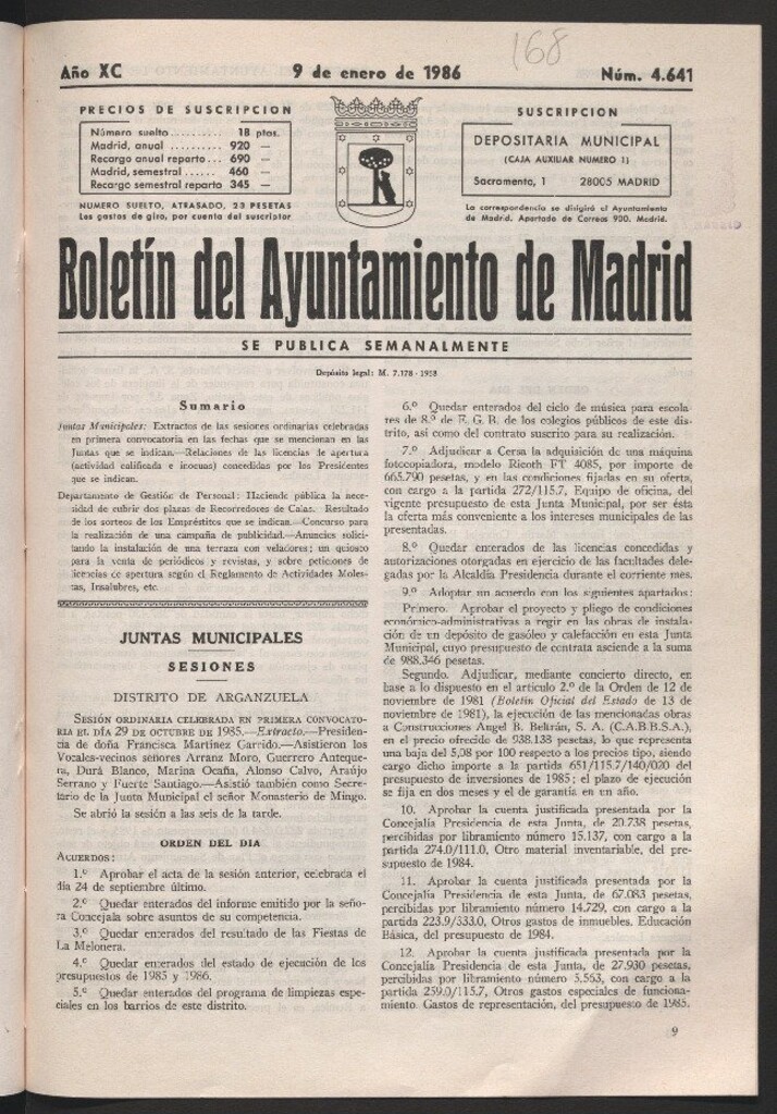 Miniatura de Boletín del Ayuntamiento de Madrid del 9 de enero de 1986