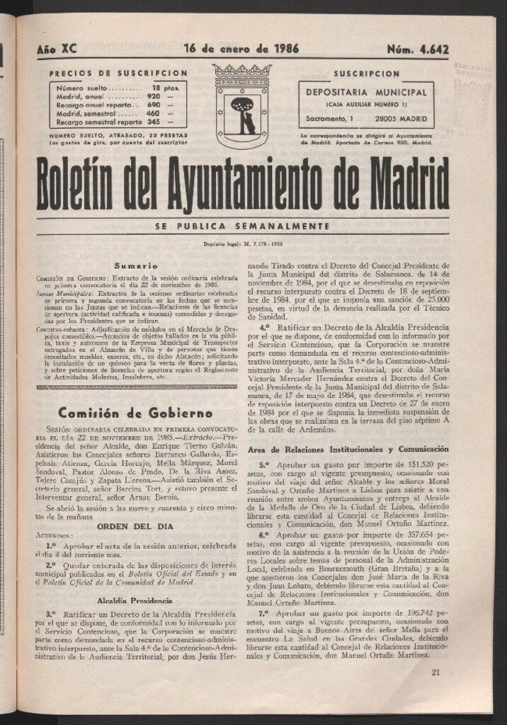 Miniatura de Boletín del Ayuntamiento de Madrid del 16 de enero de 1986