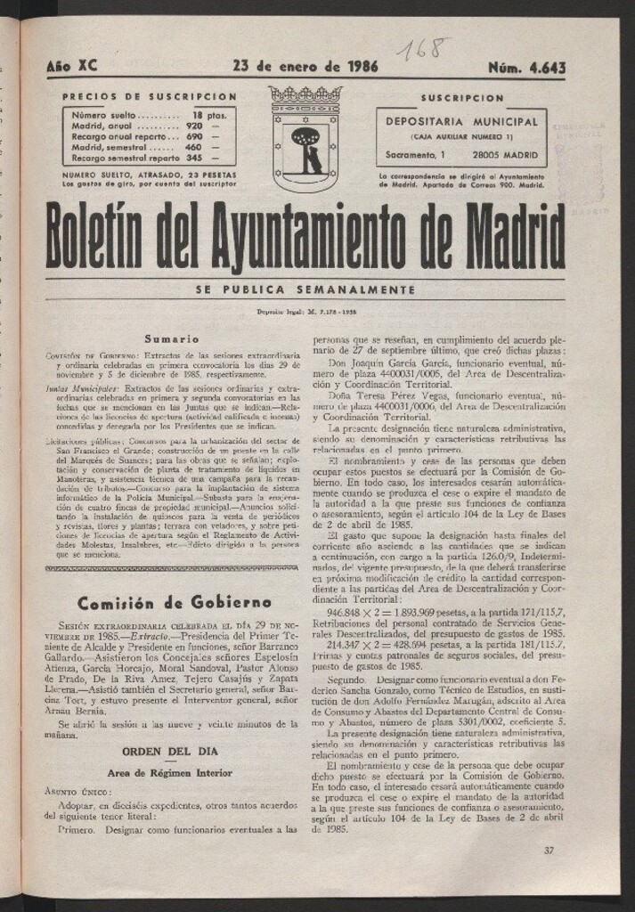 Miniatura de Boletín del Ayuntamiento de Madrid del 23 de enero de 1986