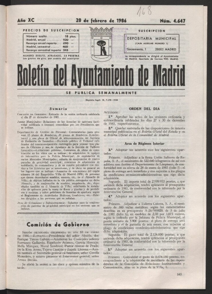 Miniatura de Boletín del Ayuntamiento de Madrid del 20 de febrero de 1986