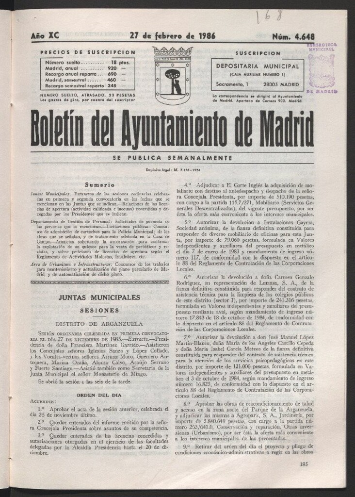 Miniatura de Boletín del Ayuntamiento de Madrid del 27 de febrero de 1986