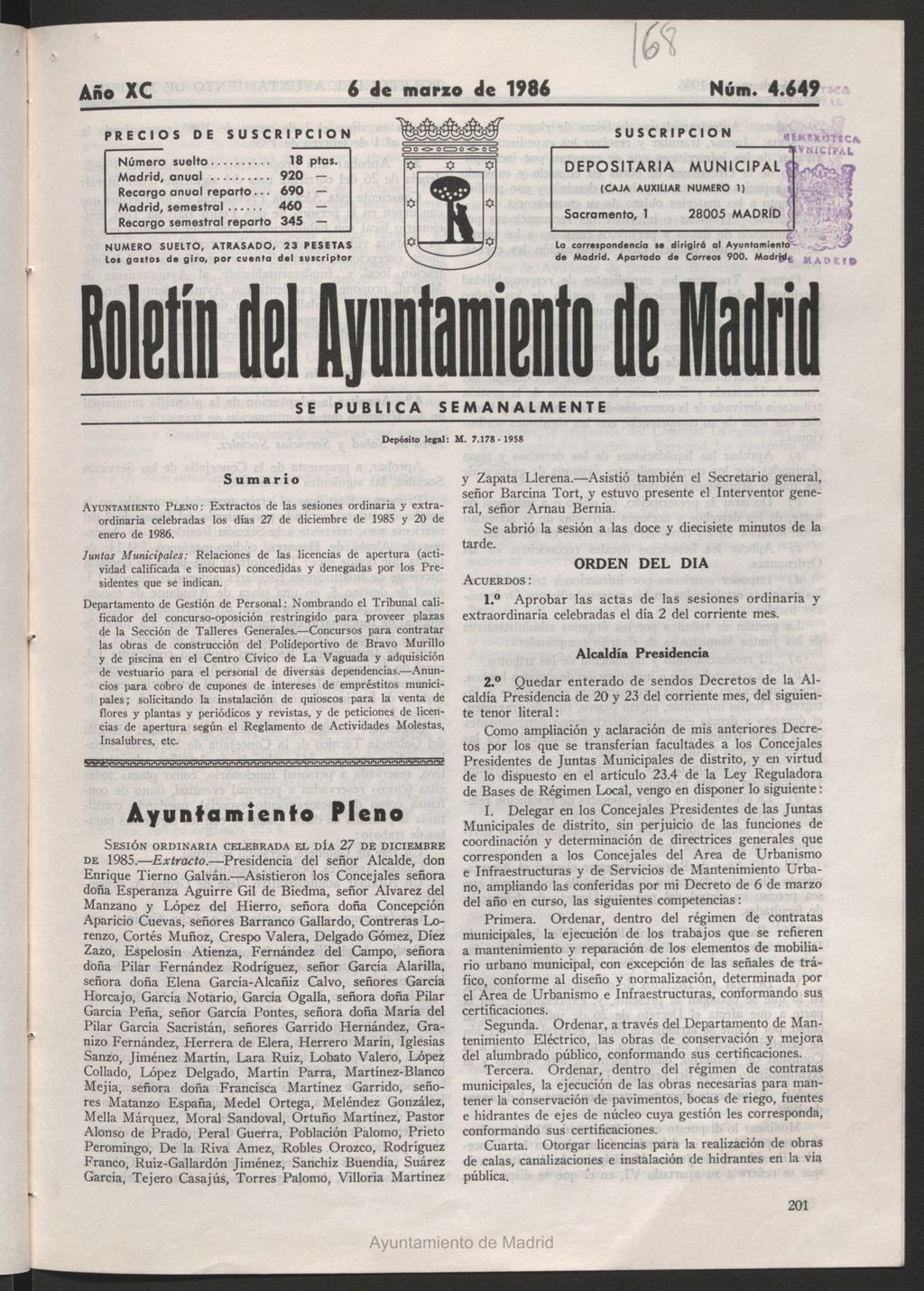 Miniatura de Boletín del Ayuntamiento de Madrid del 6 de marzo de 1986