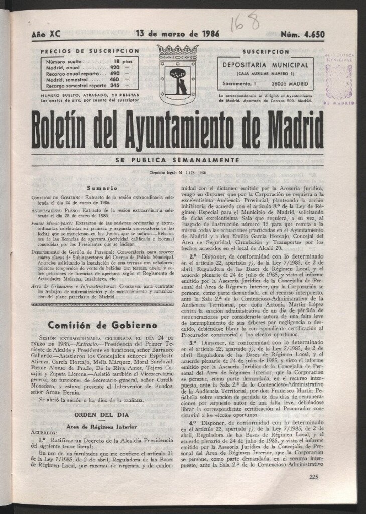 Miniatura de Boletín del Ayuntamiento de Madrid del 13 de marzo de 1986
