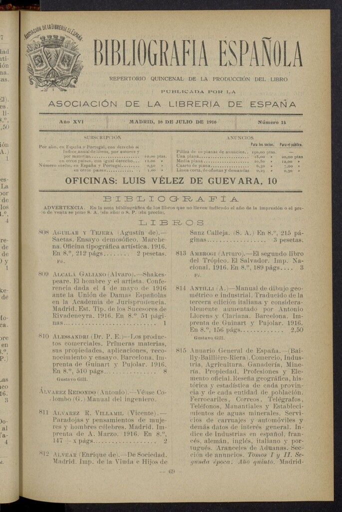 Miniatura de Bibliografía Española del 16 de julio de 1916