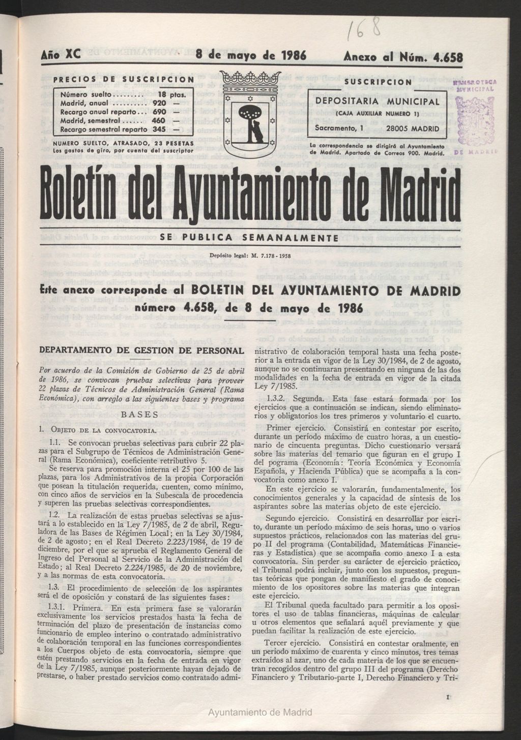Miniatura de Anexo al Boletín del Ayuntamiento de Madrid del 8 de mayo de 1986