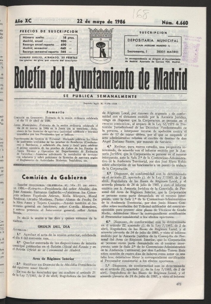 Miniatura de Boletín del Ayuntamiento de Madrid del 22 de mayo de 1986