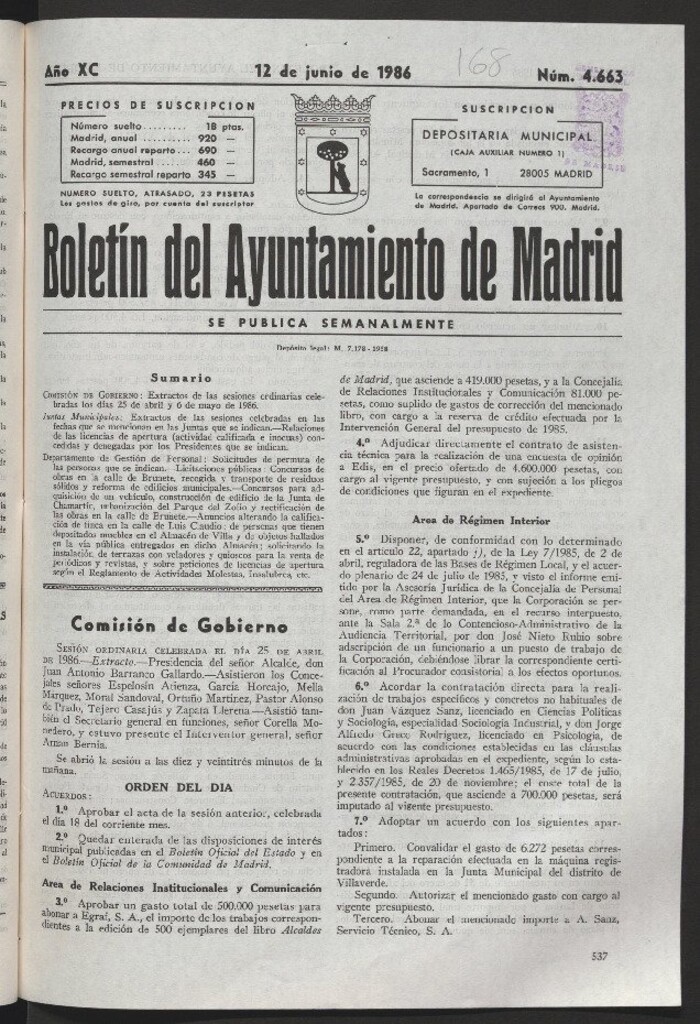 Miniatura de Boletín del Ayuntamiento de Madrid del 12 de junio de 1986