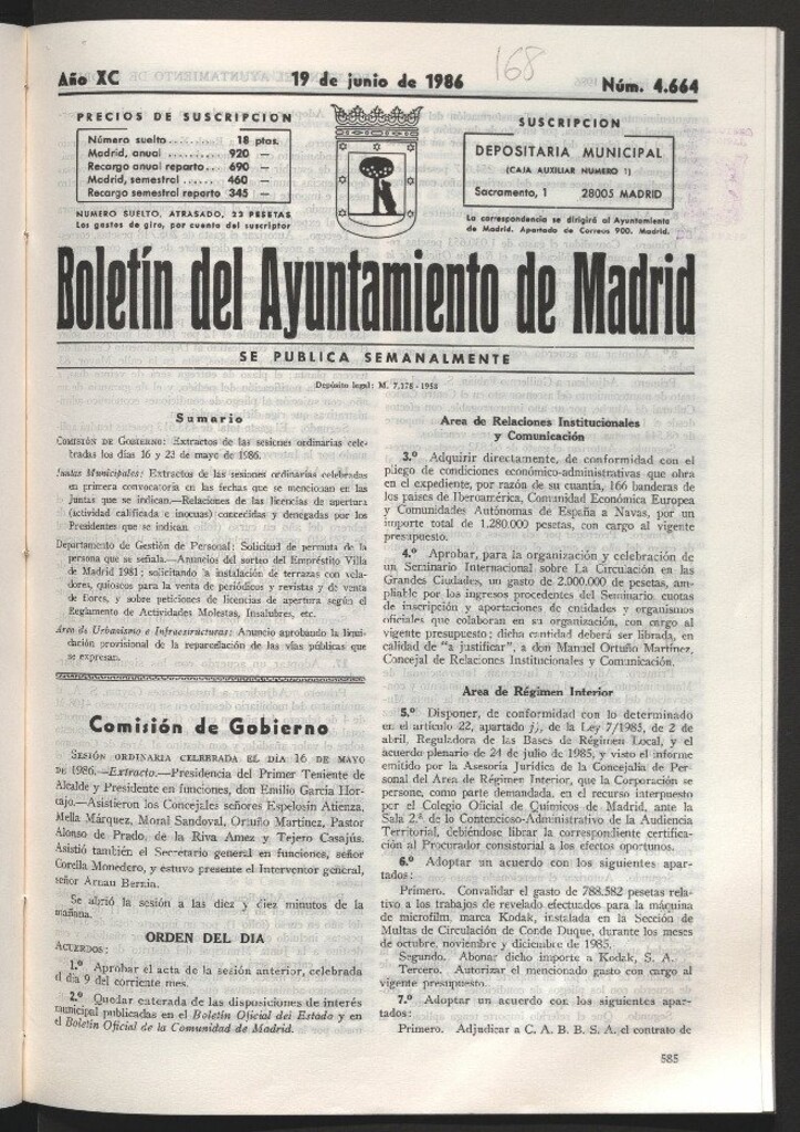 Miniatura de Boletín del Ayuntamiento de Madrid del 19 de junio de 1986