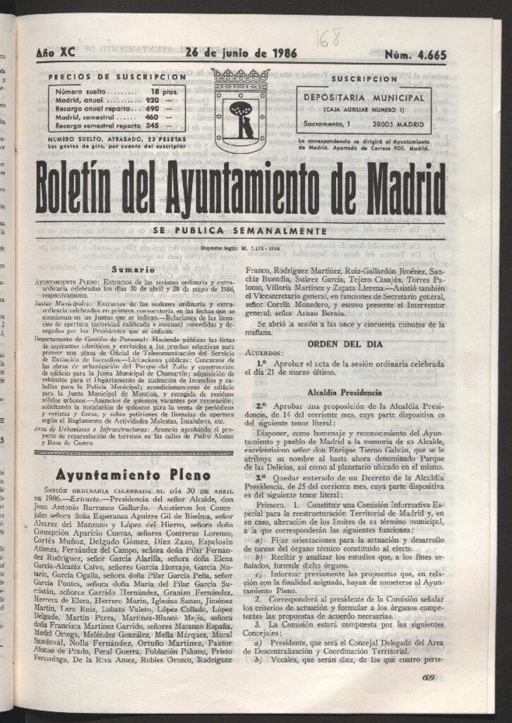 Miniatura de Boletín del Ayuntamiento de Madrid del 26 de junio de 1986
