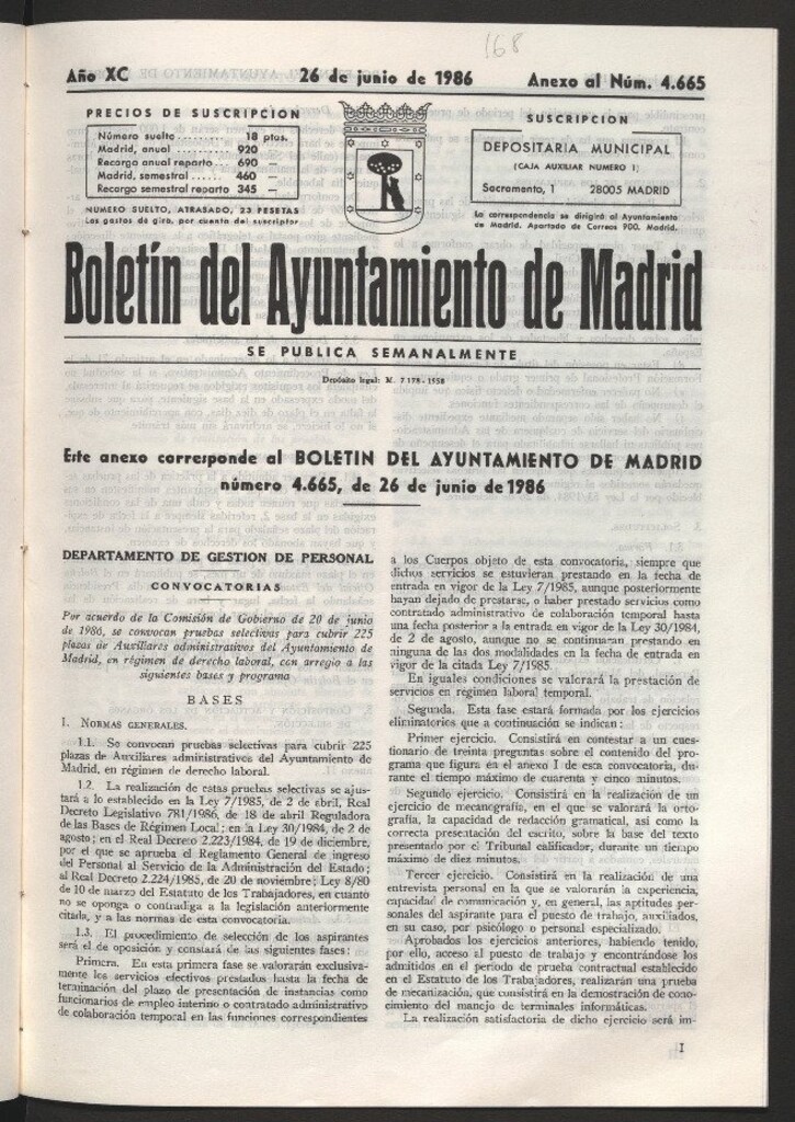 Miniatura de Anexo al Boletín del Ayuntamiento de Madrid del 26 de junio de 1986