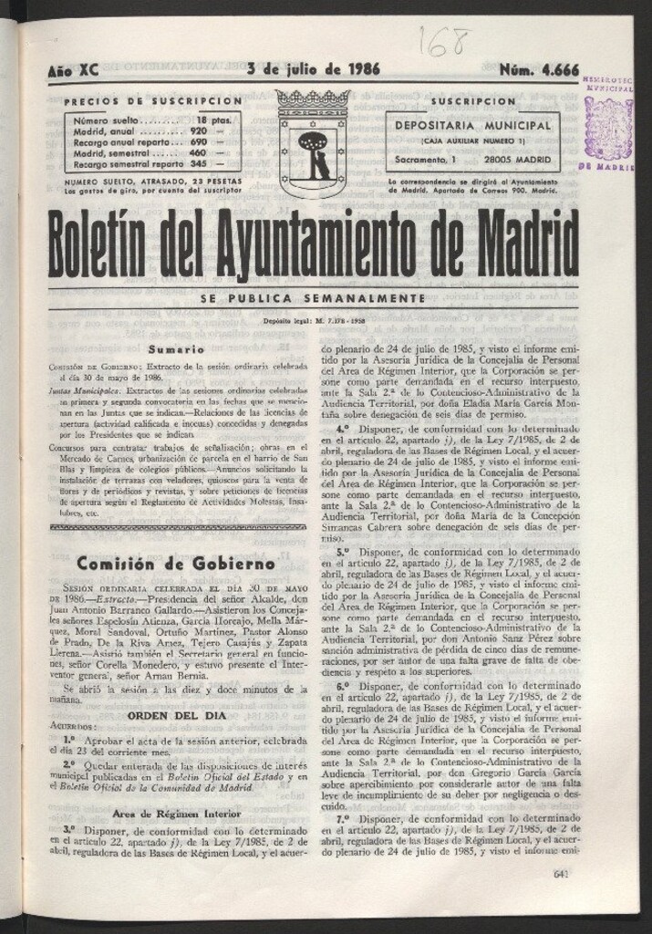 Miniatura de Boletín del Ayuntamiento de Madrid del 3 de julio de 1986
