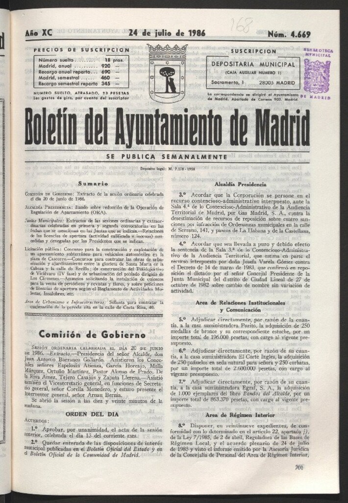 Miniatura de Boletín del Ayuntamiento de Madrid del 24 de julio de 1986