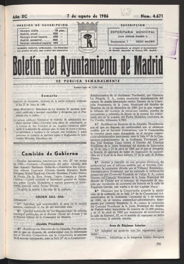 Miniatura de Boletín del Ayuntamiento de Madrid del 7 de agosto de 1986