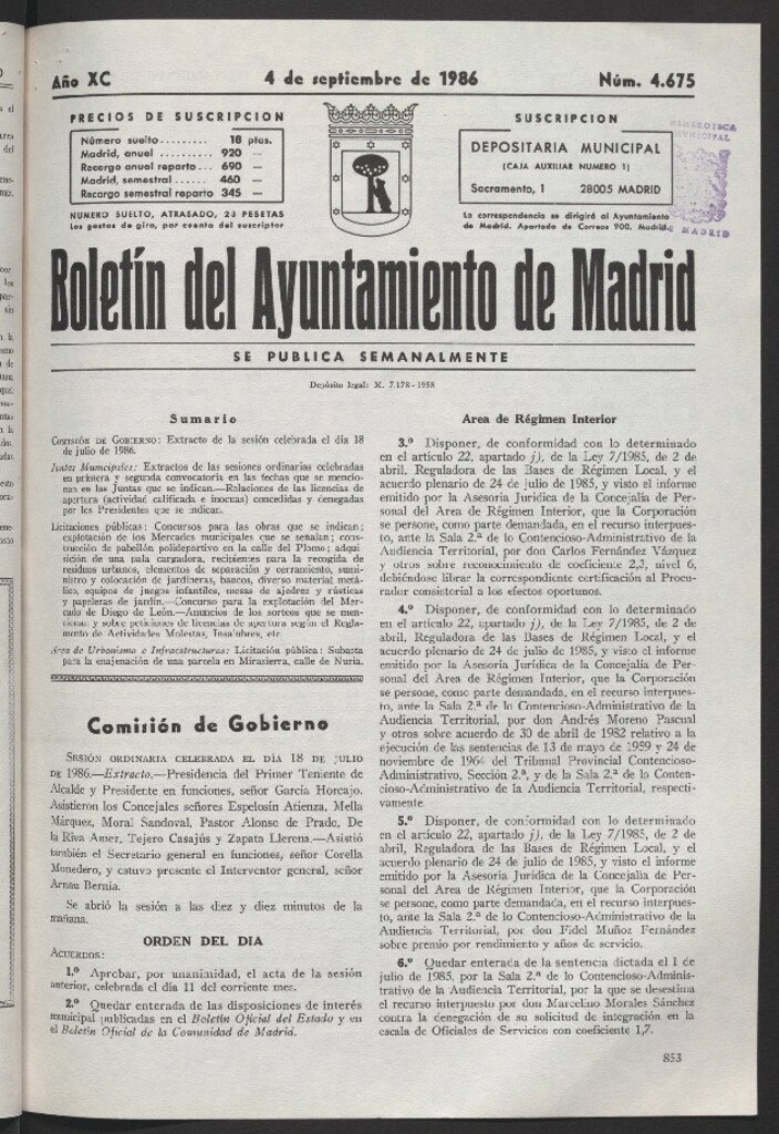 Miniatura de Boletín del Ayuntamiento de Madrid del 4 de septiembre de 1986