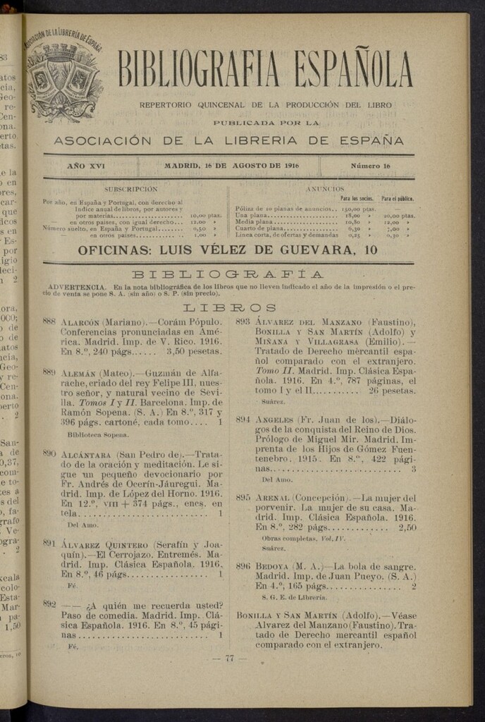 Miniatura de Bibliografía Española del 16 de agosto de 1916
