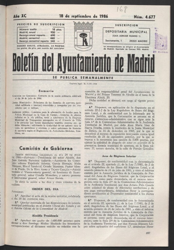 Miniatura de Boletín del Ayuntamiento de Madrid del 18 de septiembre de 1986