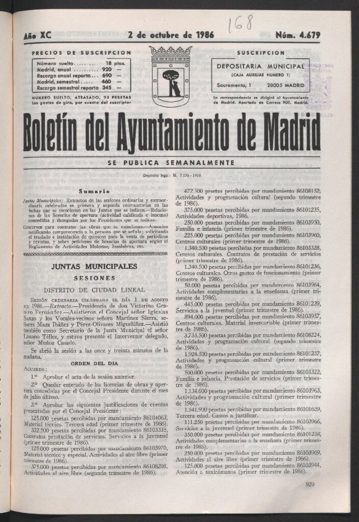 Miniatura de Boletín del Ayuntamiento de Madrid del 2 de octubre de 1986