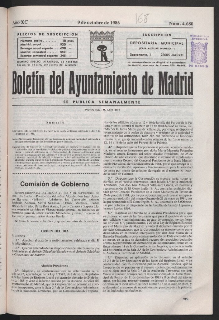 Miniatura de Boletín del Ayuntamiento de Madrid del 9 de octubre de 1986