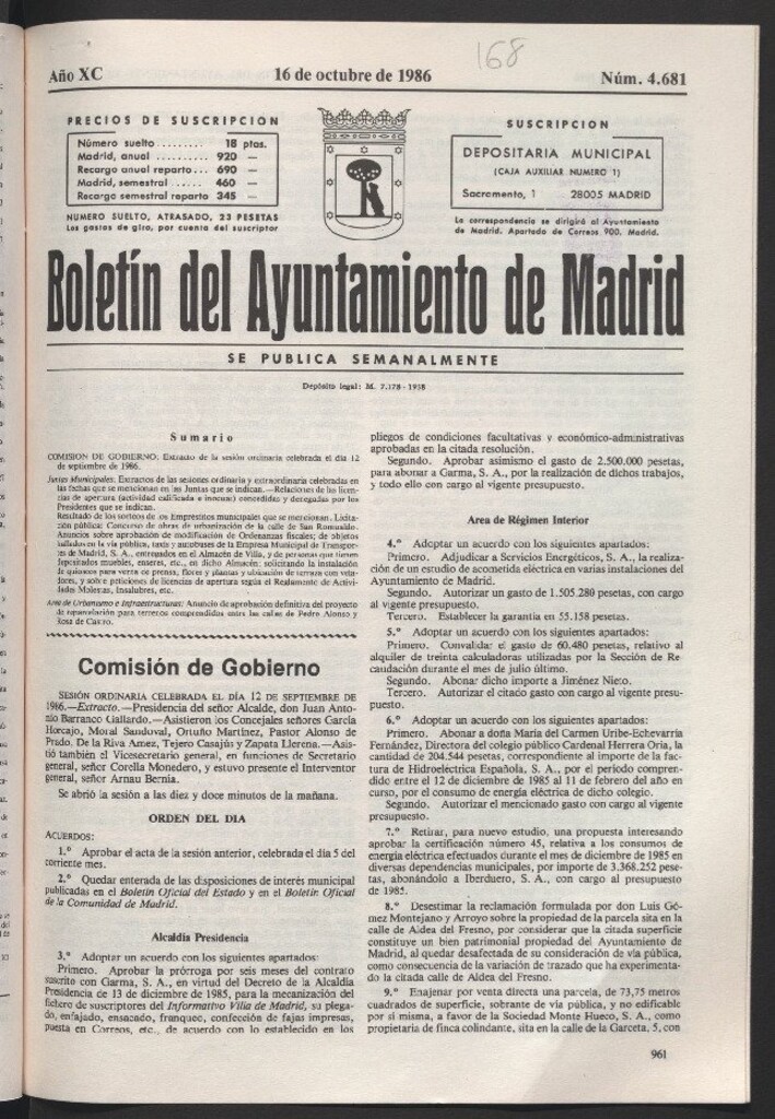 Miniatura de Boletín del Ayuntamiento de Madrid del 16 de octubre de 1986