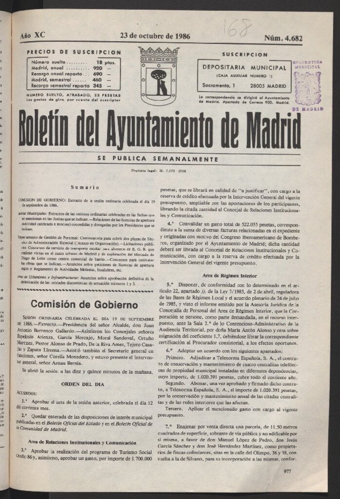 Miniatura de Boletín del Ayuntamiento de Madrid del 23 de octubre de 1986