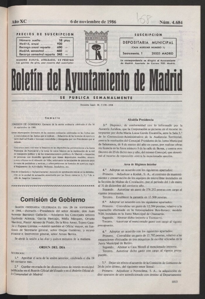 Miniatura de Boletín del Ayuntamiento de Madrid del 6 de noviembre de 1986