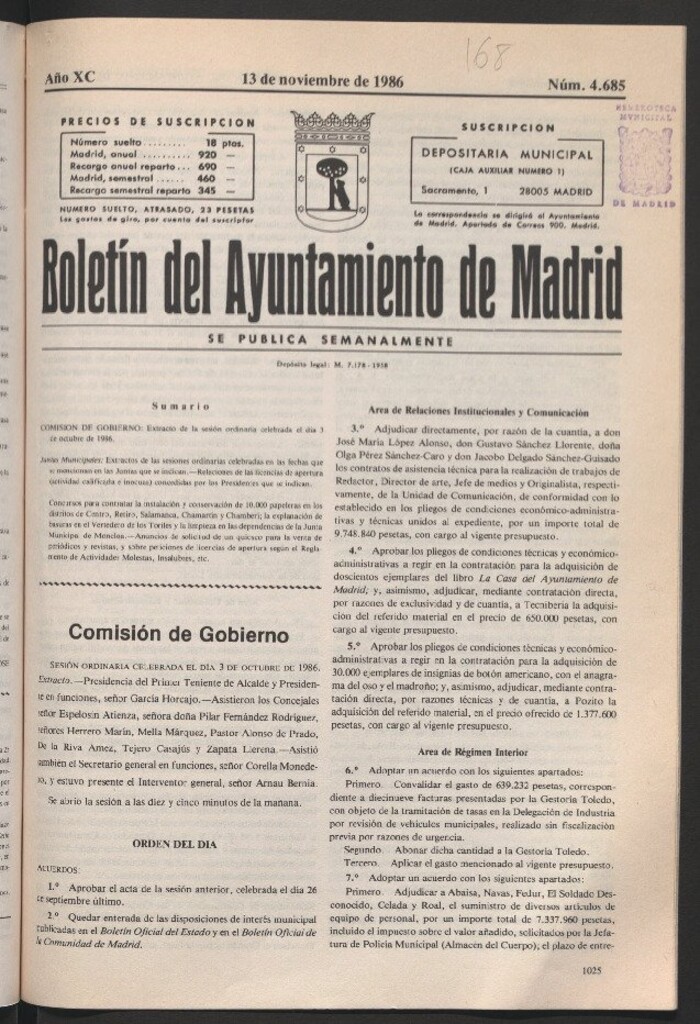 Miniatura de Boletín del Ayuntamiento de Madrid del 13 de noviembre de 1986