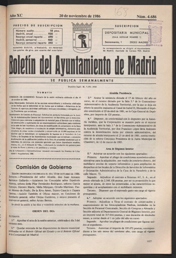 Miniatura de Boletín del Ayuntamiento de Madrid del 20 de noviembre de 1986