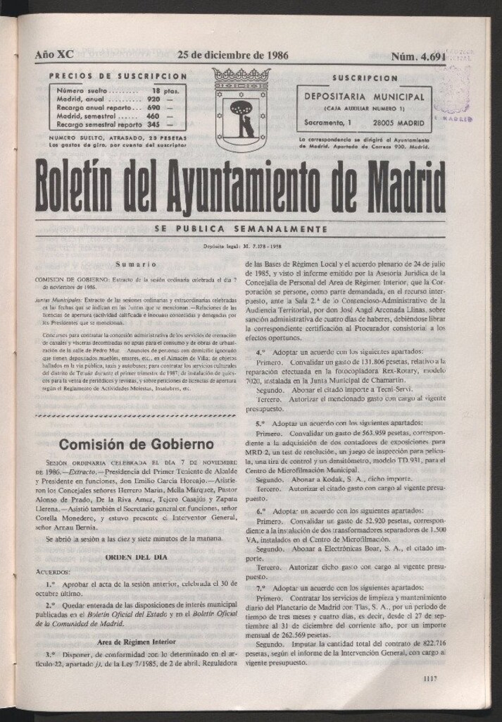 Miniatura de Boletín del Ayuntamiento de Madrid del 25 de diciembre de 1986