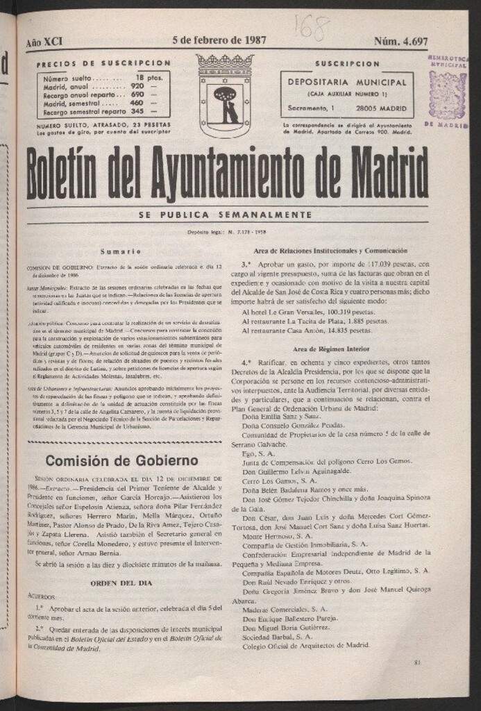 Miniatura de Boletín del Ayuntamiento de Madrid del 5 de febrero de 1987