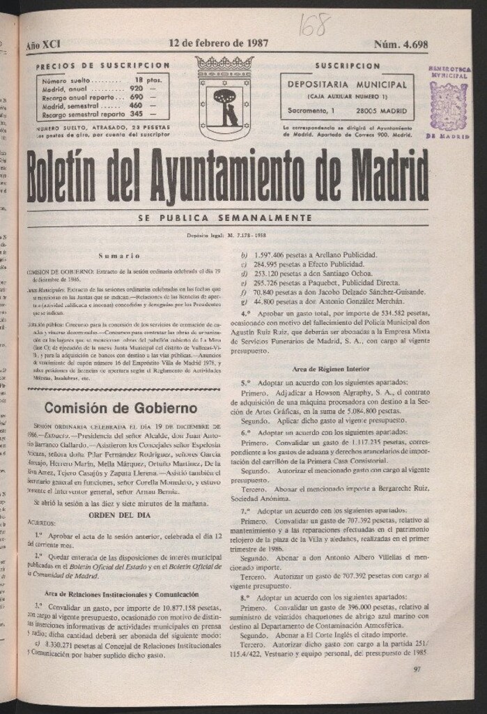 Miniatura de Boletín del Ayuntamiento de Madrid del 12 de febrero de 1987