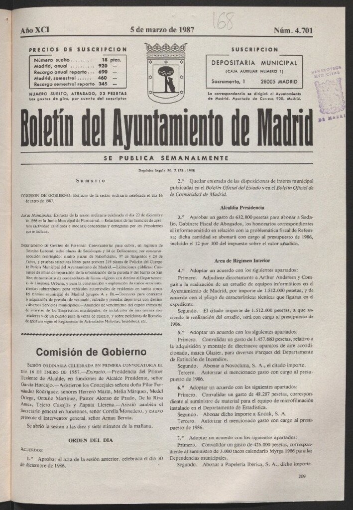 Miniatura de Boletín del Ayuntamiento de Madrid del 5 de marzo de 1987