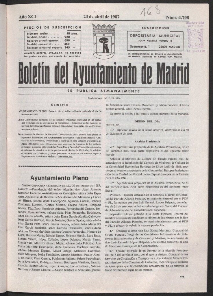 Miniatura de Boletín del Ayuntamiento de Madrid del 23 de abril de 1987