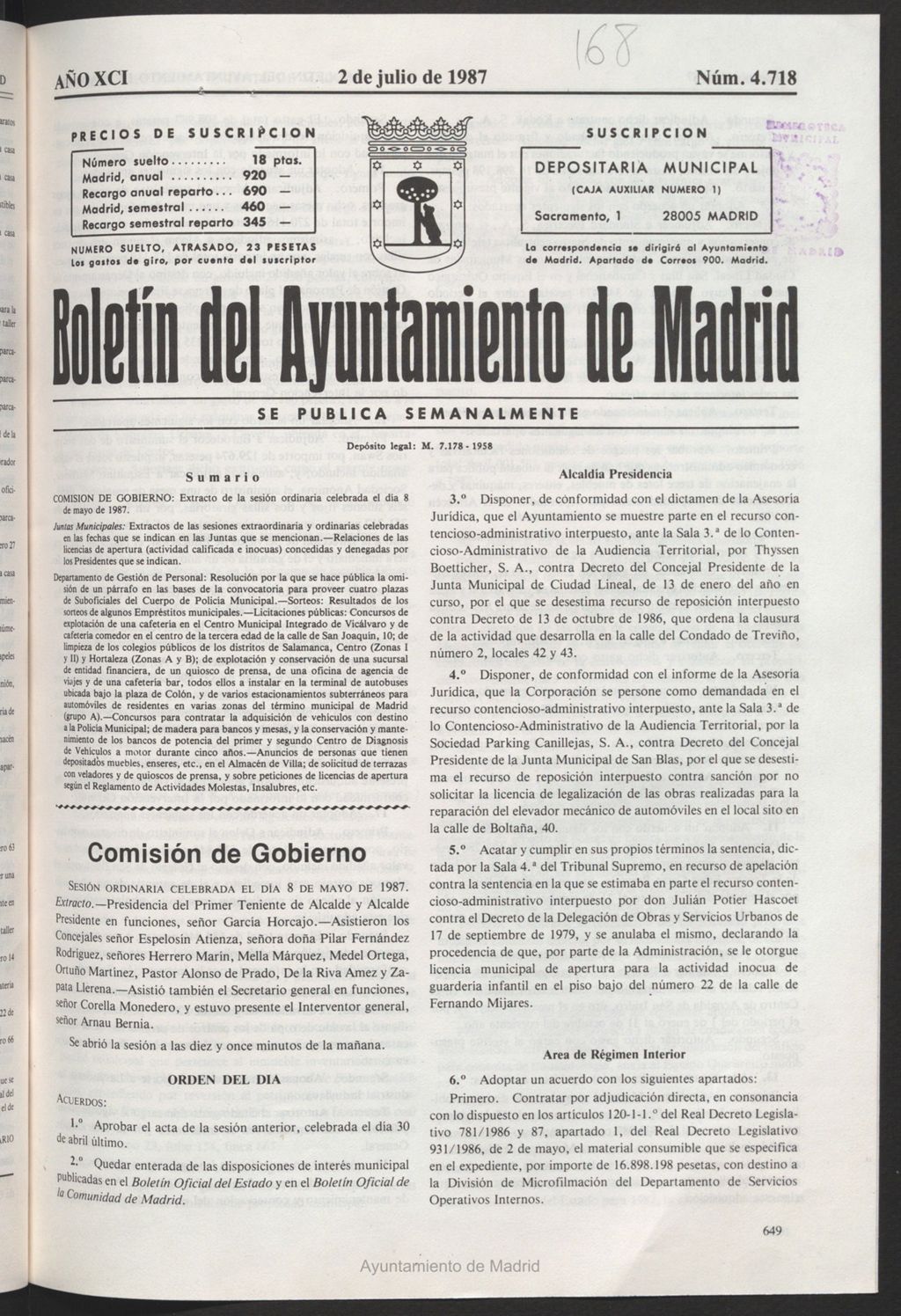 Miniatura de Boletín del Ayuntamiento de Madrid del 2 de julio de 1987