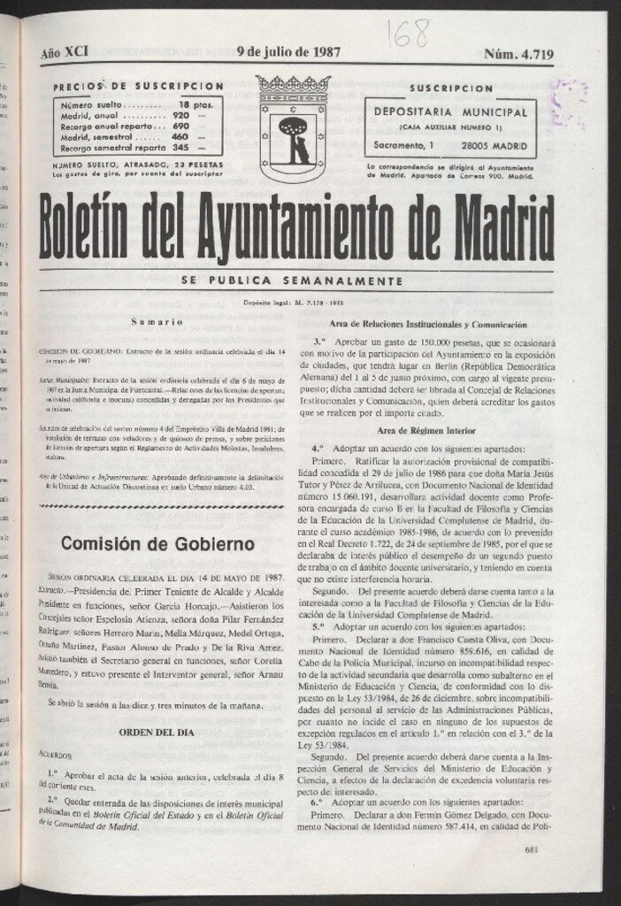 Miniatura de Boletín del Ayuntamiento de Madrid del 9 de julio de 1987