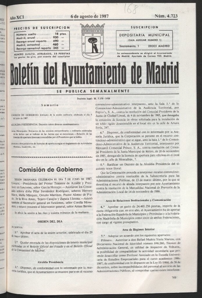 Miniatura de Boletín del Ayuntamiento de Madrid del 6 de agosto de 1987