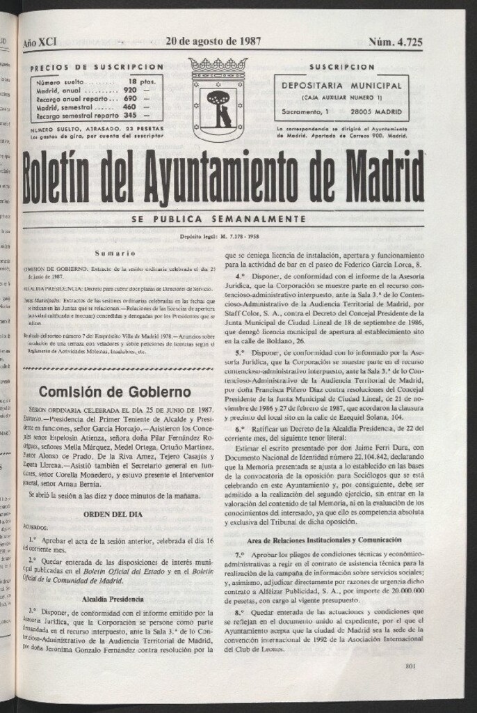 Miniatura de Boletín del Ayuntamiento de Madrid del 20 de agosto de 1987