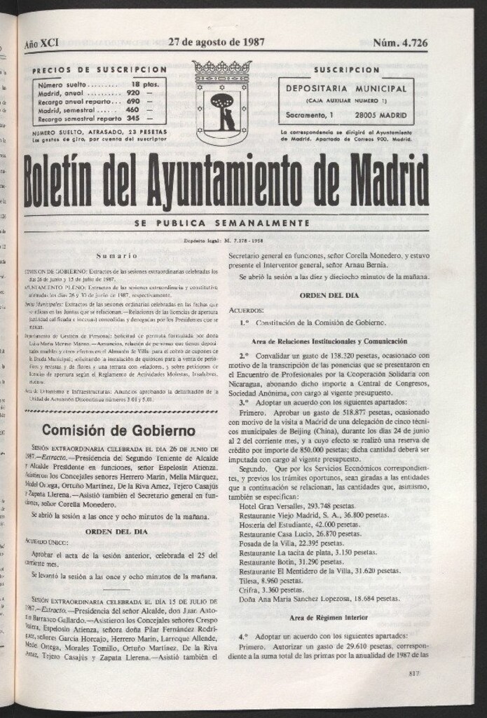 Miniatura de Boletín del Ayuntamiento de Madrid del 27 de agosto de 1987
