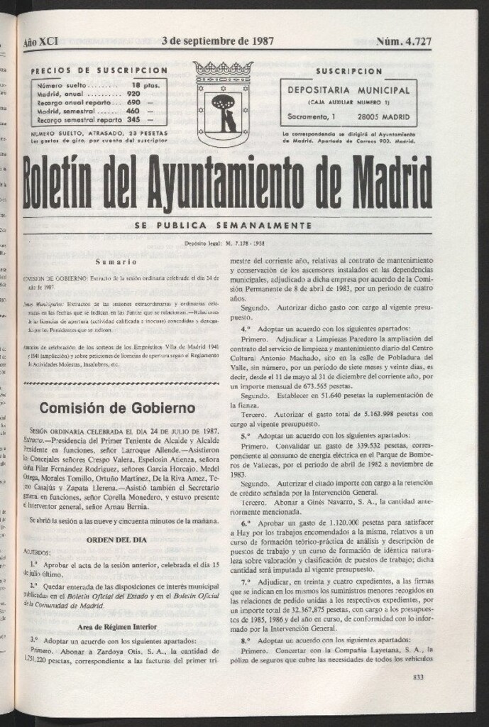 Miniatura de Boletín del Ayuntamiento de Madrid del 3 de septiembre de 1987
