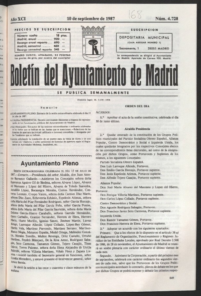 Miniatura de Boletín del Ayuntamiento de Madrid del 10 de septiembre de 1987