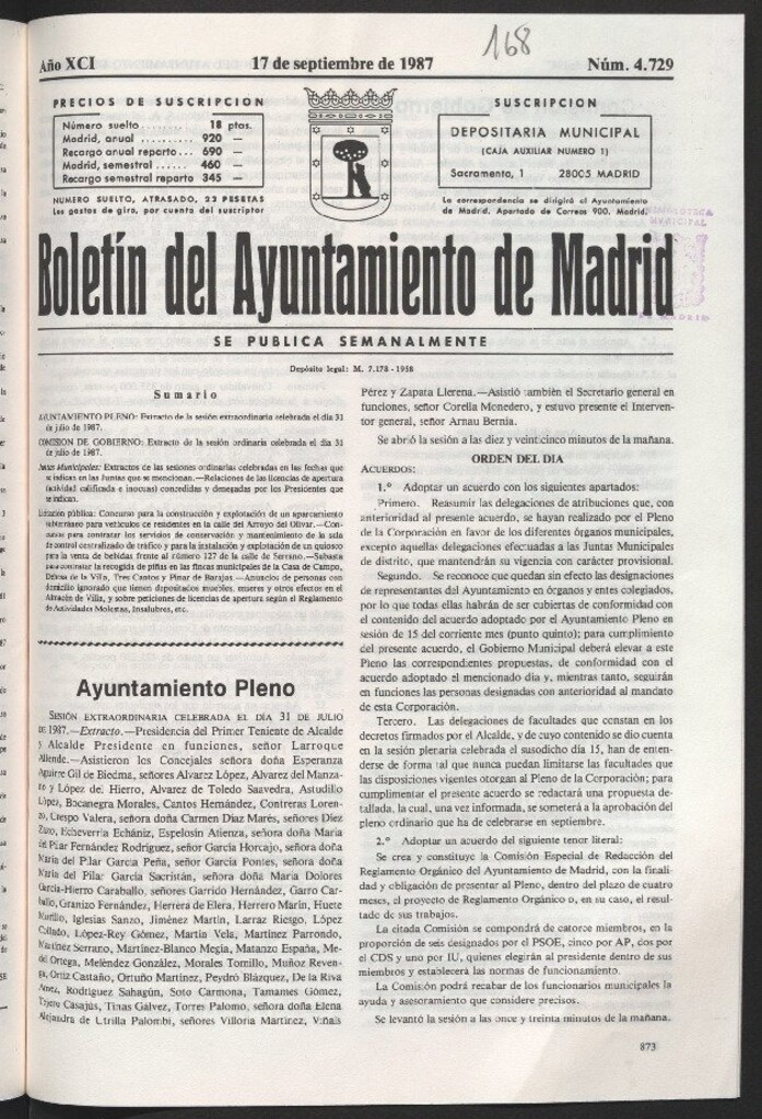 Miniatura de Boletín del Ayuntamiento de Madrid del 17 de septiembre de 1987