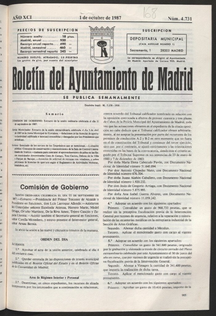 Miniatura de Boletín del Ayuntamiento de Madrid del 1 de octubre de 1987