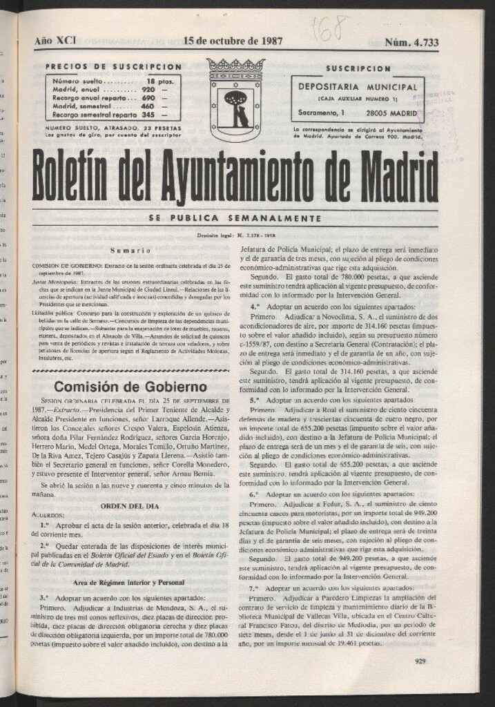 Miniatura de Boletín del Ayuntamiento de Madrid del 15 de octubre de 1987