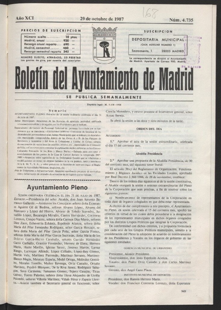 Miniatura de Boletín del Ayuntamiento de Madrid del 29 de octubre de 1987