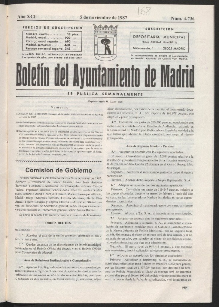 Miniatura de Boletín del Ayuntamiento de Madrid del 5 de noviembre de 1987
