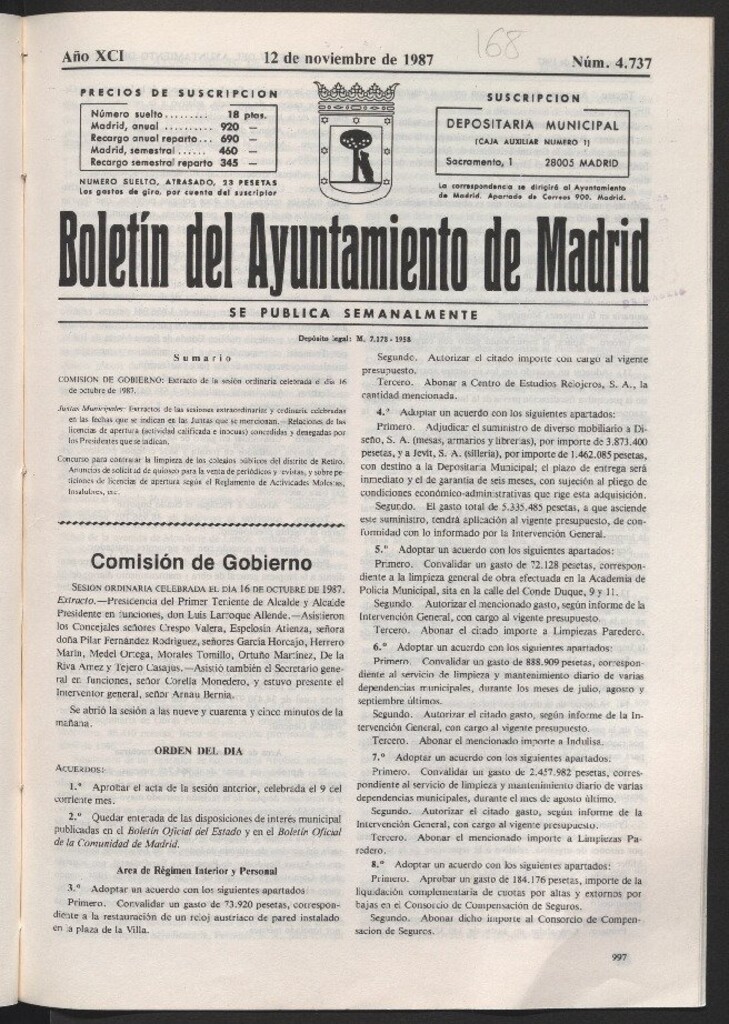 Miniatura de Boletín del Ayuntamiento de Madrid del 12 de noviembre de 1987