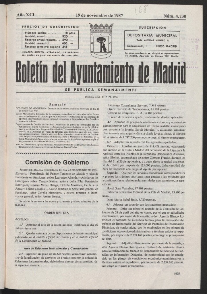 Miniatura de Boletín del Ayuntamiento de Madrid del 19 de noviembre de 1987