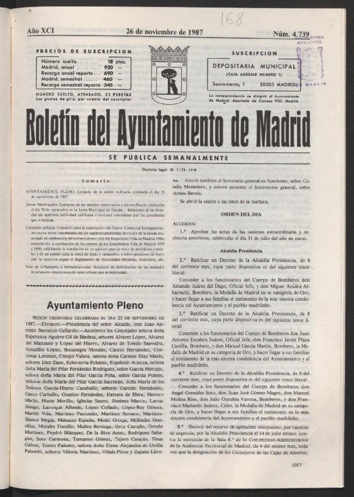 Miniatura de Boletín del Ayuntamiento de Madrid del 26 de noviembre de 1987