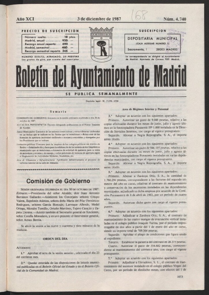 Miniatura de Boletín del Ayuntamiento de Madrid del 3 de diciembre de 1987