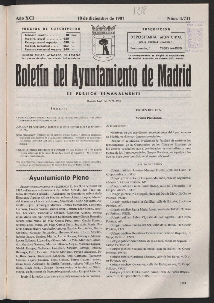 Miniatura de Boletín del Ayuntamiento de Madrid del 10 de diciembre de 1987