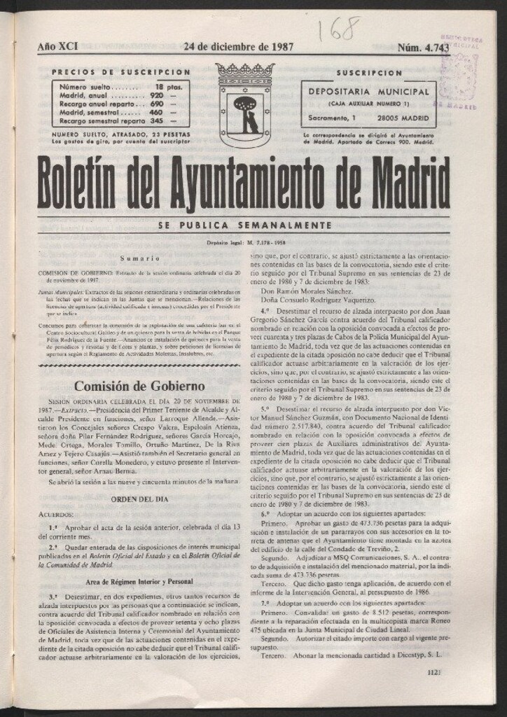 Miniatura de Boletín del Ayuntamiento de Madrid del 24 de diciembre de 1987